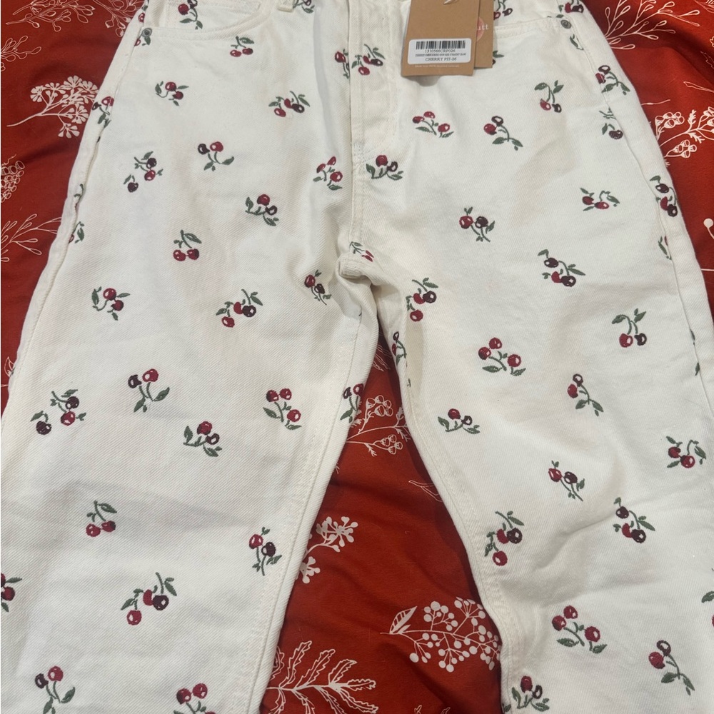 Reformation Red and White Jeans with Whimsical Print